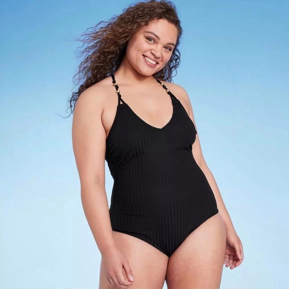 Shade & Shore Women's Ribbed Bead Knot Detail One Piece Swimsuit xl (16) nwt